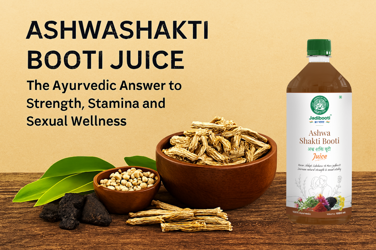 “Ayurvedic herbs and ingredients including dried roots, shilajit resin, seeds, and fresh green leaves arranged on a rustic wooden surface, promoting Ashwashakti Booti Juice for strength, stamina, sexual stamina medicine, and reproductive health